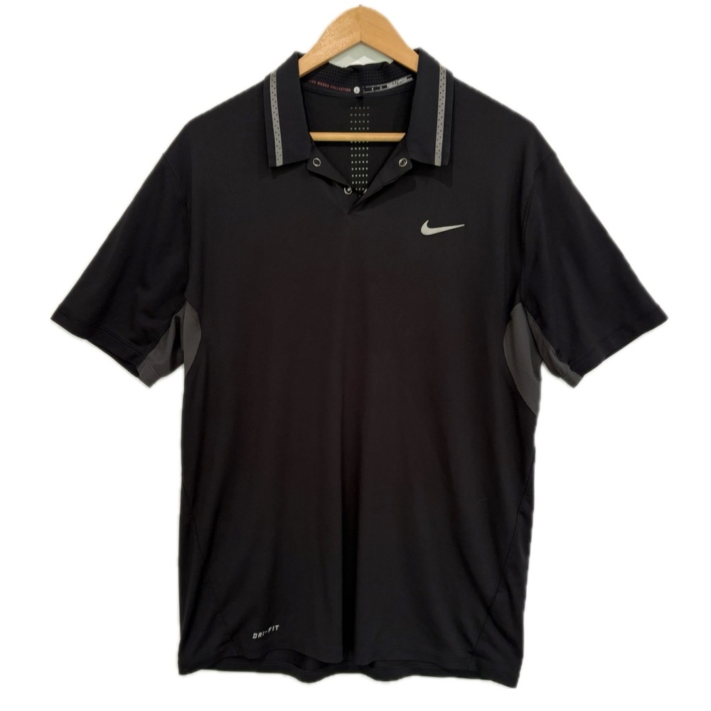 Nike Tiger Woods Mens Dri-Fit Short Sleeve Golf Polo Size Large Black & Grey